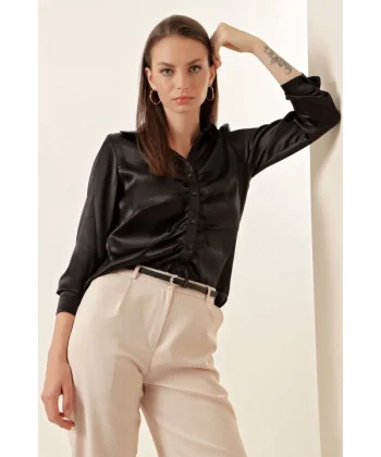 20112 Büzgülü Saten Gömlek  Siyah