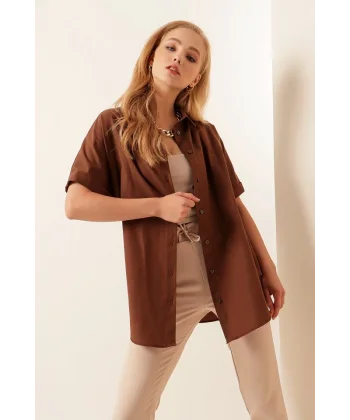 20120 Oversize Kısa Kollu Gömlek  Kahverengi