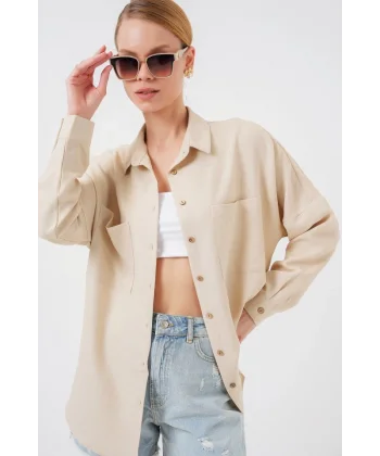 20126 Oversize Keten Gömlek - Bej