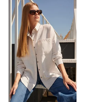 20126 Oversize Keten Gömlek  Beyaz