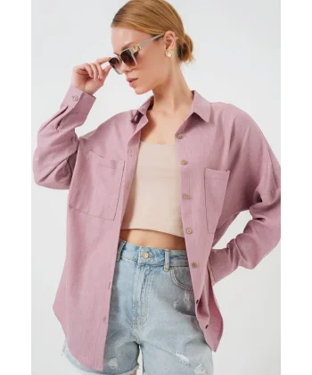 20126 Oversize Keten Gömlek - Gül Kurusu
