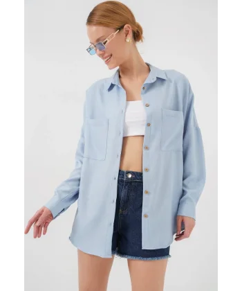 20126 Oversize Keten Gömlek - Mavi