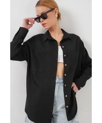 20126 Oversize Keten Gömlek - Siyah