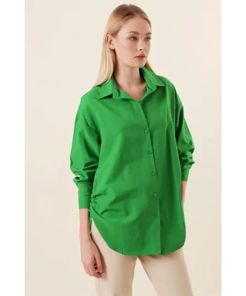20132 İp Büzgülü Oversize Gömlek  Yeşil