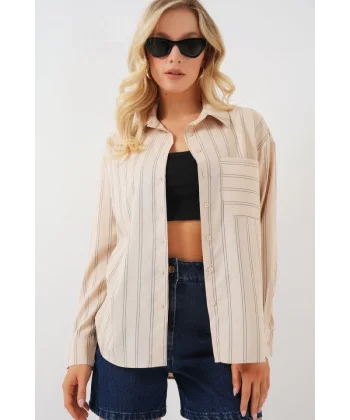 20143 Cepli Oversize Gömlek - Krem