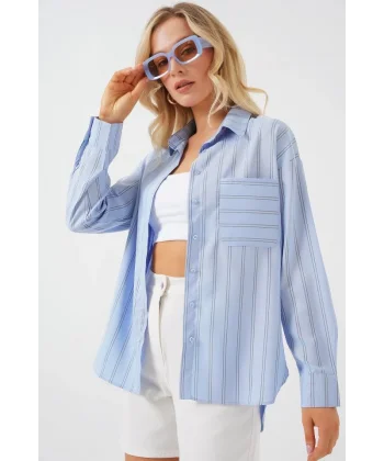 20143 Cepli Oversize Gömlek - Mavi