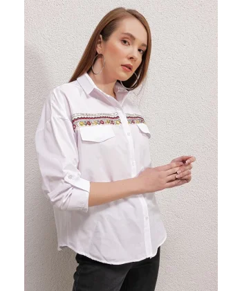 20147 Nakışlı Gömlek  Beyaz