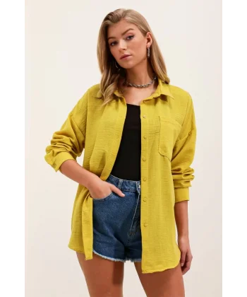 20153 Tek Cepli Oversize Gömlek  Hardal