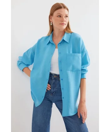 20153 Tek Cepli Oversize Keten Gömlek - Açık Mavi