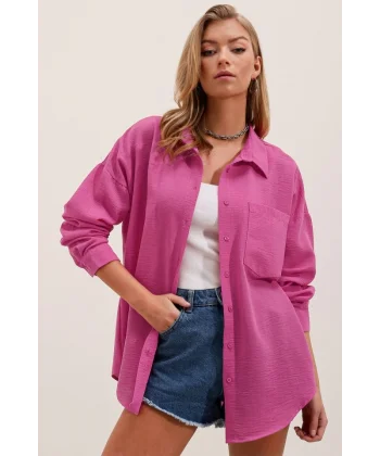 20153 Tek Cepli Oversize Keten Gömlek  A.Fuşya