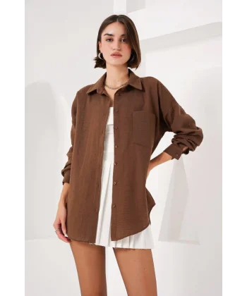 20153 Tek Cepli Oversize Keten Gömlek  A.Kahve