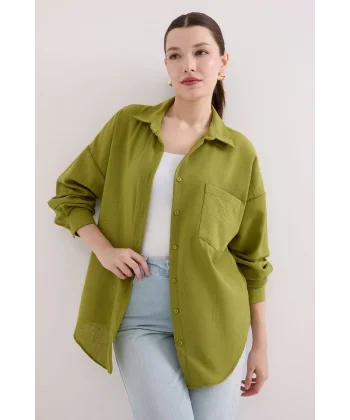 20153 Tek Cepli Oversize Keten Gömlek - A.Yeşil