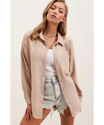 20153 Tek Cepli Oversize Keten Gömlek  Bej