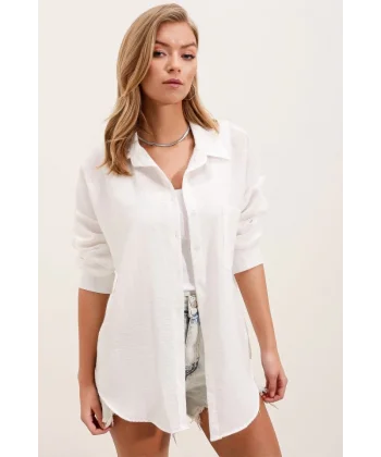 20153 Tek Cepli Oversize Keten Gömlek  Beyaz