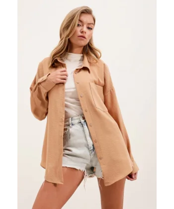 20153 Tek Cepli Oversize Keten Gömlek  Bisküvi