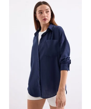 20153 Tek Cepli Oversize Keten Gömlek - D.Lacivert