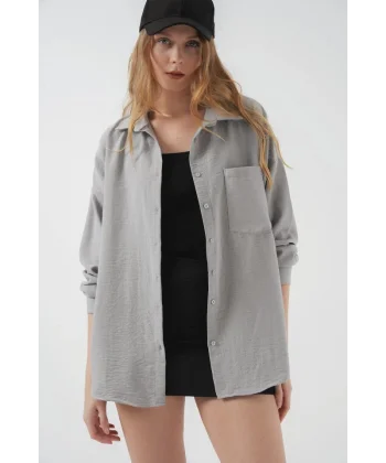 20153 Tek Cepli Oversize Keten Gömlek  Gri
