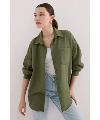 20153 Tek Cepli Oversize Keten Gömlek - Haki