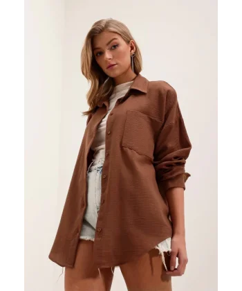 20153 Tek Cepli Oversize Keten Gömlek  Kahverengi