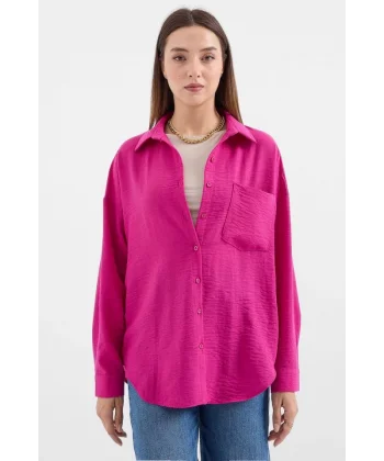 20153 Tek Cepli Oversize Keten Gömlek  Koyu Pembe