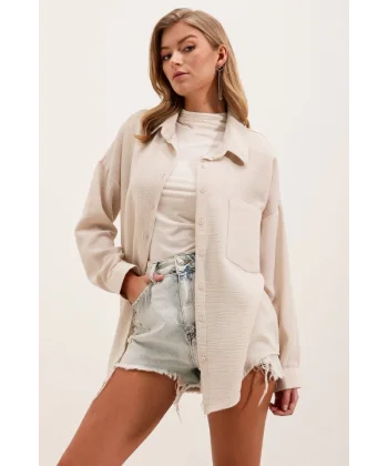 20153 Tek Cepli Oversize Keten Gömlek  Krem