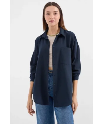 20153 Tek Cepli Oversize Keten Gömlek  Lacivert