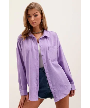 20153 Tek Cepli Oversize Keten Gömlek  Lila