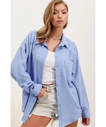 20153 Tek Cepli Oversize Keten Gömlek  Mavi