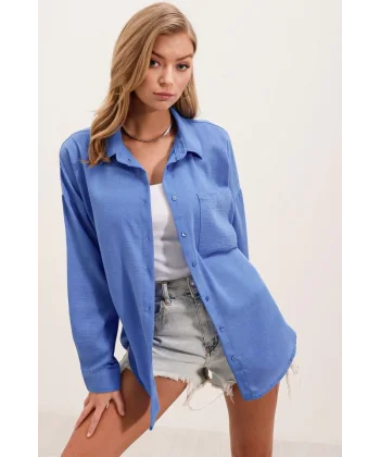 20153 Tek Cepli Oversize Keten Gömlek  Saks