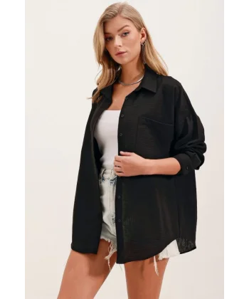 20153 Tek Cepli Oversize Keten Gömlek  Siyah