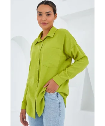 20153 Tek Cepli Oversize Keten Gömlek  Yağ Yeşil