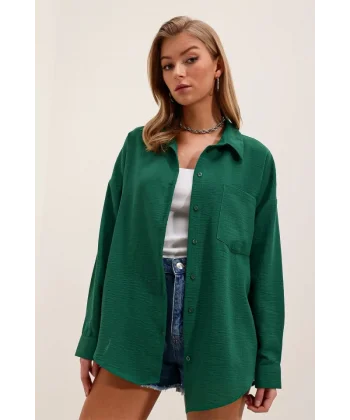 20153 Tek Cepli Oversize Keten Gömlek  Zümrüt Yeşili