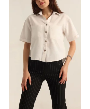 20180 Çift Cepli Keten Gömlek  Taş