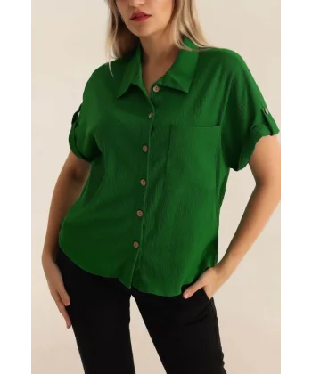 20182 - Duble Kol Bayan Krinkıl Gömlek - Yeşil