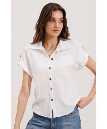 20187 Kısa Kol Oversize Örme Gömlek  Beyaz