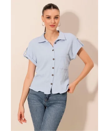 20187 Kısa Kol Oversize Örme Gömlek  Mavi