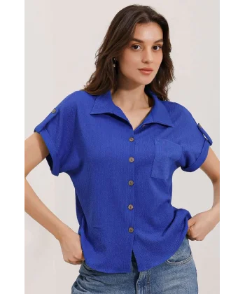 20187 Kısa Kol Oversize Örme Gömlek  Saks