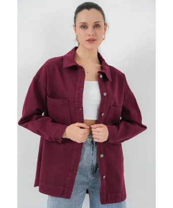 20192 Oversize Gabardin Gömlek Ceket - Bordo