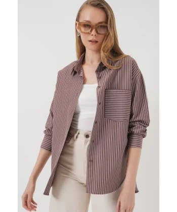 20205 Çizgili Oversize Gömlek  Kahverengi