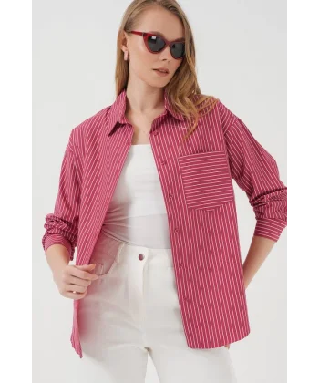 20205 Çizgili Oversize Gömlek  Kırmızı