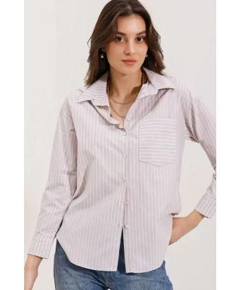 20205 Çizgili Oversize Gömlek  Krem