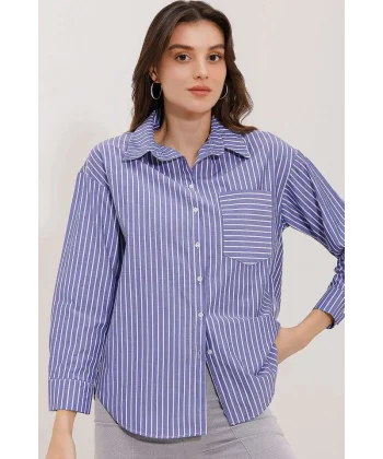 20205 Çizgili Oversize Gömlek  Lacivert