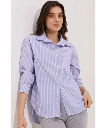 20205 Çizgili Oversize Gömlek  Mavi