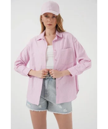 20205 Çizgili Oversize Gömlek  Pudra