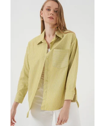 20205 Çizgili Oversize Gömlek  Yağ Yeşil