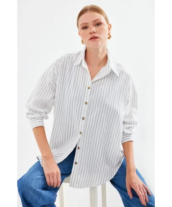 20208 Çizgili Oversize Uzun Basic Gömlek  Beyaz
