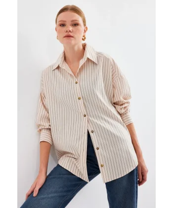 20208 Çizgili Oversize Uzun Basic Gömlek  Krem
