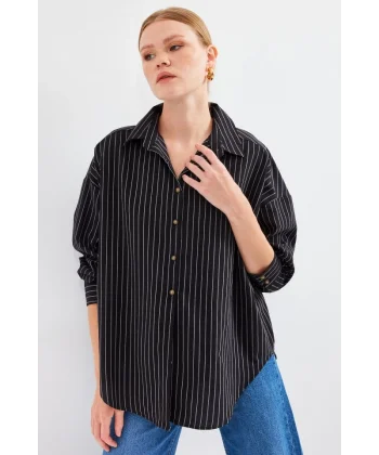 20208 Çizgili Oversize Uzun Basic Gömlek  Siyah