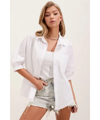 20213 Oversize Kısa Kol Basic Gömlek  Beyaz