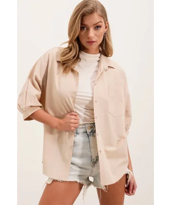 20213 Oversize Kısa Kol Basic Gömlek  Krem